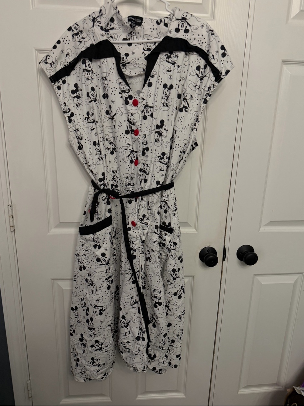 Unique Vintage Black and White Mickey Print Midi Dress with Red Buttons